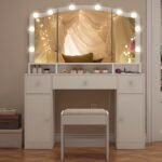 Vanity Desk with Triple Folding Mirror, Makeup Vanity with Power Outlet, Vanity Desk with 10 Lights