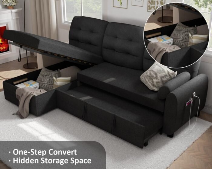 Sofa Couch, 87" Sleeper Sofa Bed with Reversible Storage Chaise Pull Out Couch for Living Room