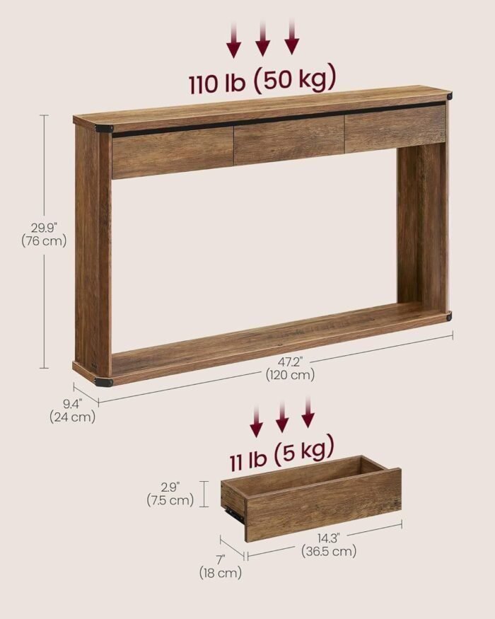 Console Table, 47.2 Inches Sofa Table, Narrow Entryway Table, Entry Table with 3 Drawers, Bottom Shelf, Metal Corners