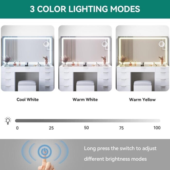 Makeup Vanity with Spacious LED-Lit Mirror Built-in Socket, Vanity Table with 11 Compartments and Magnifier