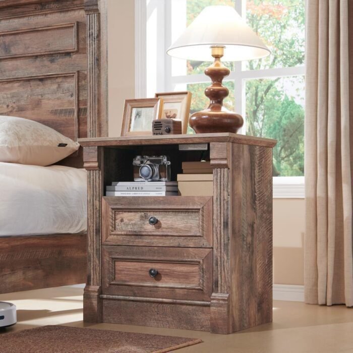 26" Tall Nightstand with Charging Station, Farmhouse 23.6" Wide Large End Table w/Roman Column