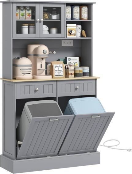 68" Kitchen Pantry Storage Cabinet with Charging Station, 2 Tilt Out 10 Gallon Trash Can Cabinets and Drawers