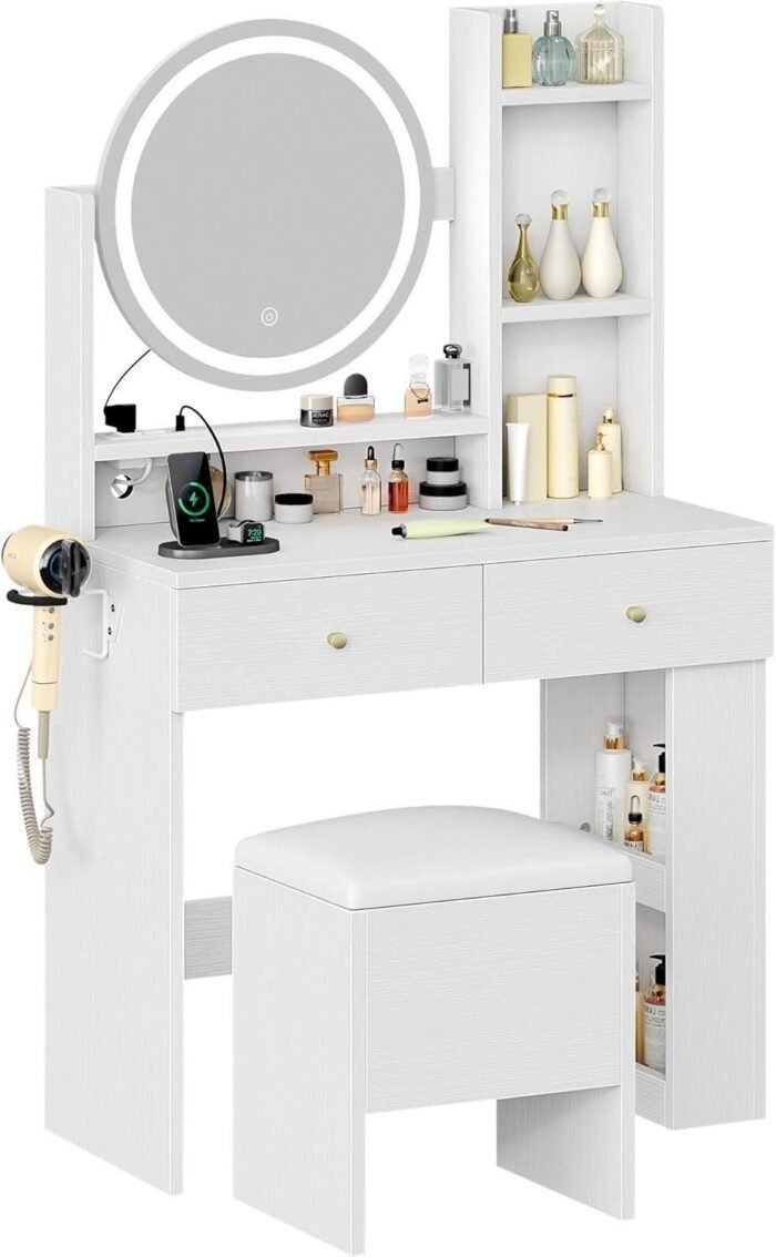 Makeup Vanity Desk with LED Lighted Mirror, White Vanity Set with Charger Station, Small Spaces Vanity Table