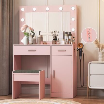 Vanity Desk with Mirror and Light, Large Drawer Power Socket with 11 Light Bulbs, 3 Adjustable Lighting Modes