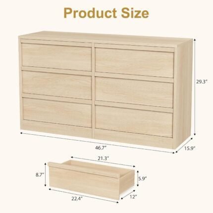 6 Drawer Dresser for Bedroom, Wooden Double Dresser Organizer with Storage Freestanding, Modern Chest of Drawers