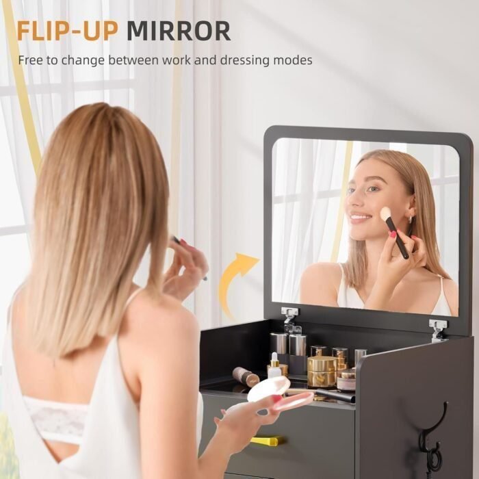 3 in 1 Vanity Desk with Plip Top Mirror,Compact Makeup Vanity with 3 Drawers,Cushioned Tool