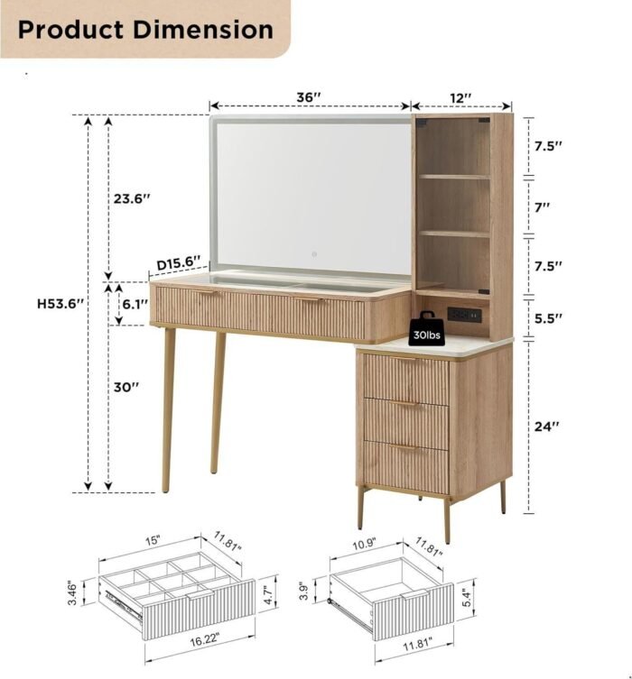 Makeup Vanity Desk with 36" HD Lighted Mirror, 48" Big Modern Vanity Desk with Mirror and Lights, Dressing Table with 5 Drawers