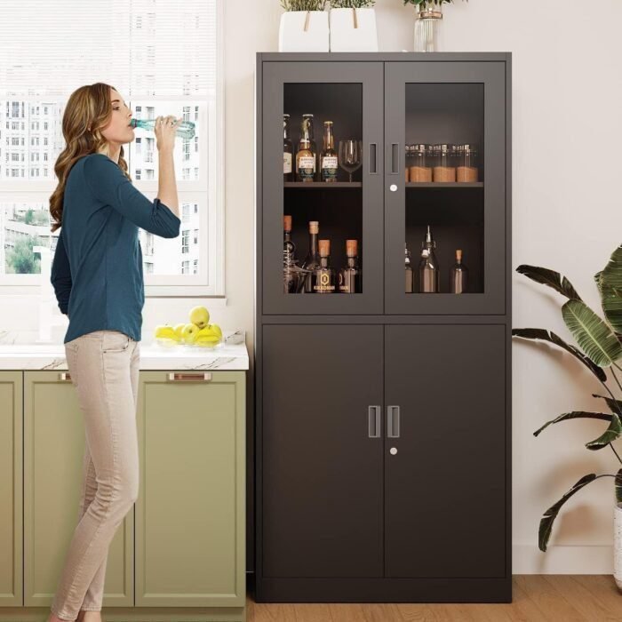 Metal Storage Cabinet with Glass Doors - 71" Locking Display Cabinet with 2 Adjustable Shelves