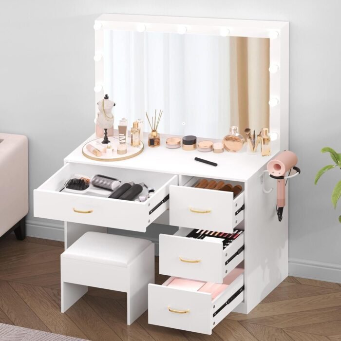 Makeup Vanity with Lighted Mirror, Vanity Desk with Power Strip, Adjustable Lighting, 4 Drawers