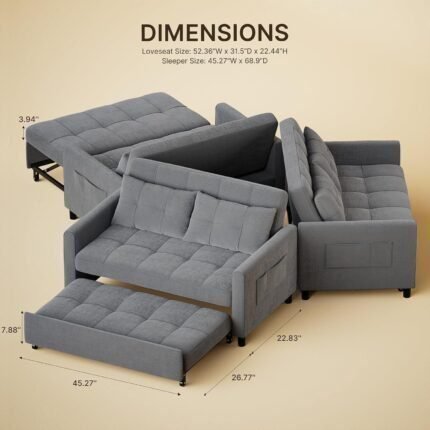 3-in-1 Convertible Sofa Bed, 52" 2-Seater Loveseat Sleeper with Pull Out Couch, Linen Fabric Futon Sofa Bed