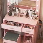 Vanity Desk with Mirror and Light, Large Drawer Power Socket with 11 Light Bulbs, 3 Adjustable Lighting Modes