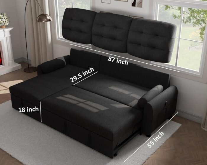 Sofa Couch, 87" Sleeper Sofa Bed with Reversible Storage Chaise Pull Out Couch for Living Room