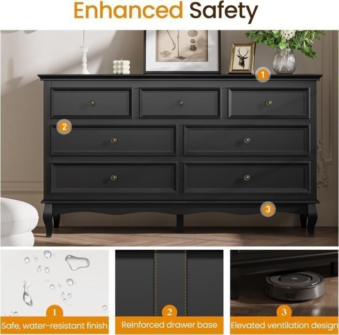 Dresser for Bedroom, 7 Drawers Dresser with Distinctive Wooden Legs & Black Paint Finish