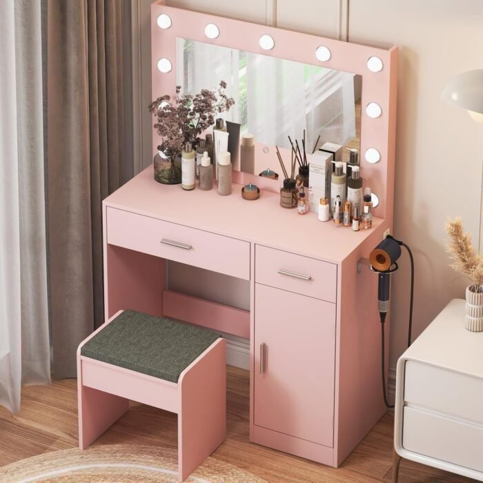 Vanity Desk with Mirror and Light, Large Drawer Power Socket with 11 Light Bulbs, 3 Adjustable Lighting Modes