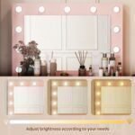 Vanity Desk with Mirror and Light, Large Drawer Power Socket with 11 Light Bulbs, 3 Adjustable Lighting Modes