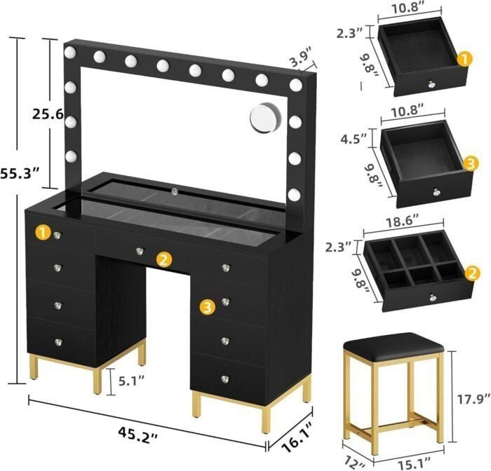 Makeup Vanity Set with Lighted Mirror, Power Outlet and 14 Lights, Vanity Desk with 9 Drawers, 3 Color Modes Available for Bedroom