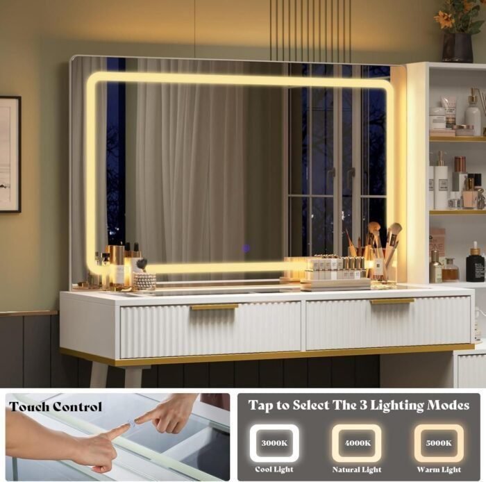 48" Vanity Desk with 35" Large Lighted Mirror, Big Modern Makeup Vanity Table with 5 Drawers