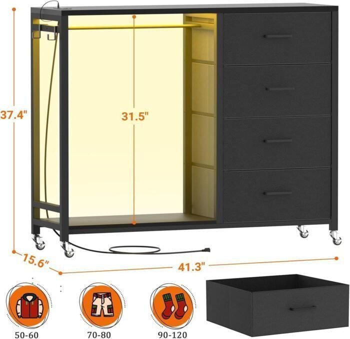 Dresser for Bedroom with Clothes Rack, 4 Drawers Dresser with Charging Station LED Lights