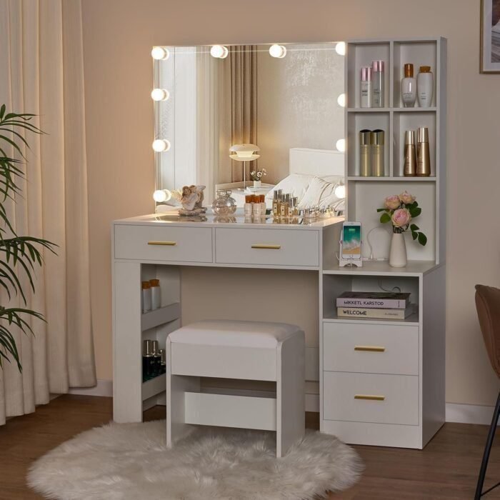 White Vanity Desk with Mirror and Lights,Vanity with Glass Top,Makeup Vanity Set Makeup Desk Dressing Table