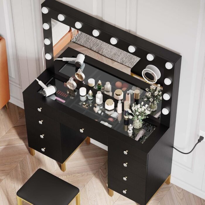 Makeup Vanity Set with Lighted Mirror, Power Outlet and 14 Lights, Vanity Desk with 9 Drawers, 3 Color Modes Available for Bedroom