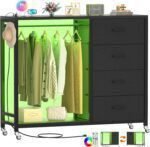 Dresser for Bedroom with Clothes Rack, 4 Drawers Dresser with Charging Station LED Lights