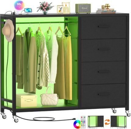 Dresser for Bedroom with Clothes Rack, 4 Drawers Dresser with Charging Station LED Lights