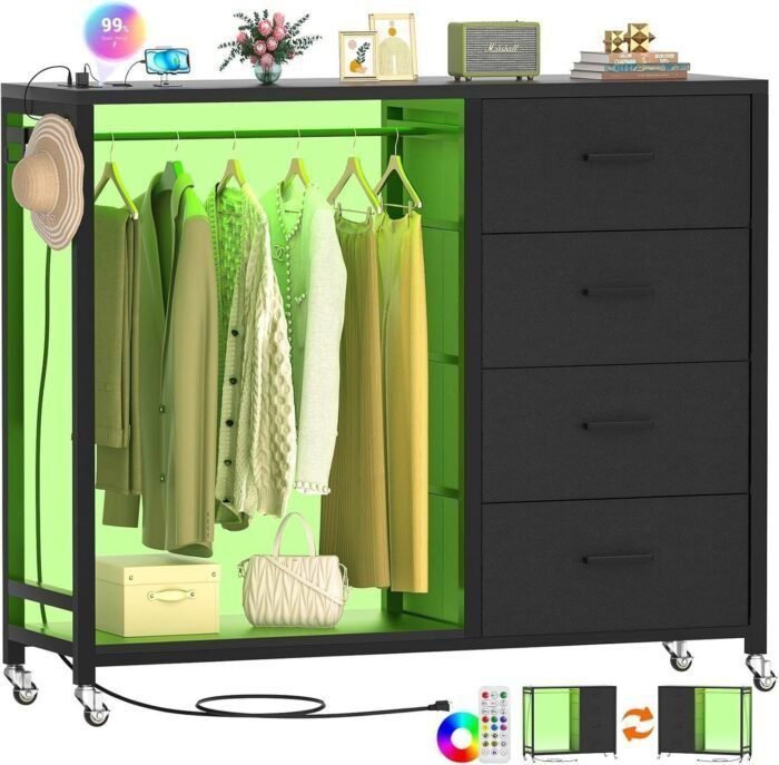 Dresser for Bedroom with Clothes Rack, 4 Drawers Dresser with Charging Station LED Lights