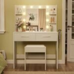 Vanity Desk with Mirror, Makeup Table with 2 Large Drawers, Power Outlet and Round Holder