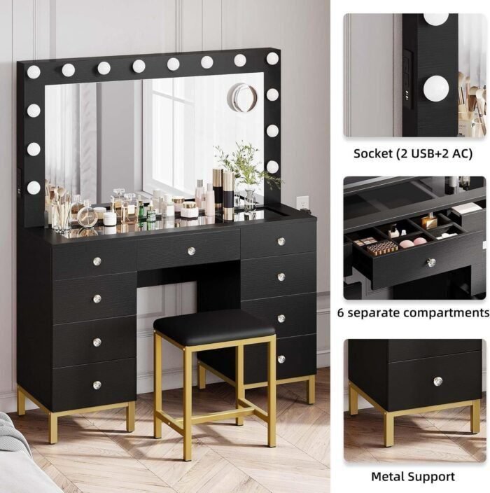 Makeup Vanity Set with Lighted Mirror, Power Outlet and 14 Lights, Vanity Desk with 9 Drawers, 3 Color Modes Available for Bedroom