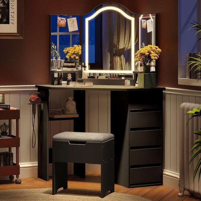 Vanity Desk with Mirror and Lights, Makeup Vanity Desk with Lights,3 Color Modes Adjustable