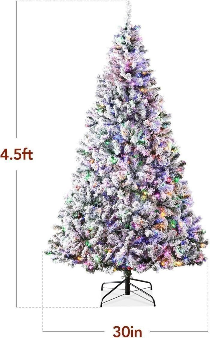 Artificial Christmas Tree 4.5ft Snow Flocked Pine Tree, 2-in-1 White and Multicolor LED Lights