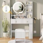 Makeup Vanity Desk with LED Lighted Mirror, White Vanity Set with Charger Station, Small Spaces Vanity Table