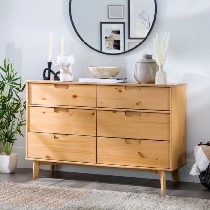 Mid-Century Modern Grooved Handle Wood 6-Drawer Dresser, 52 Inch, Natural Pine