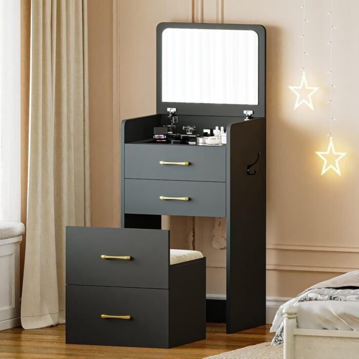 3 in 1 Vanity Desk with Plip Top Mirror,Compact Makeup Vanity with 3 Drawers,Cushioned Tool