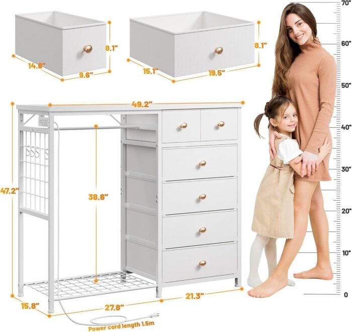 Dresser for Bedroom with Hanging Rack 6 Drawers Dresser with LED Lights Fabric Dressers Chest of Drawer