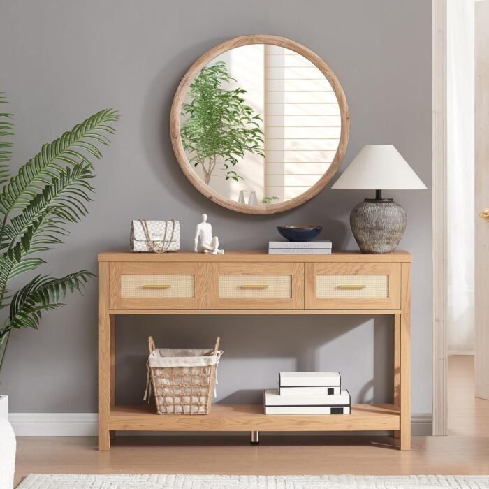 Console Table with Rattan 3 Drawers, Boho Entryway Table with Storage Shelf, Narrow Wood Sofa Table