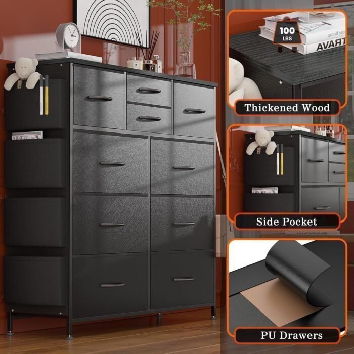 Dresser for Bedroom with 10 Drawers, Chest of Drawers with Side Pockets and Hooks, PU Storage Dresser