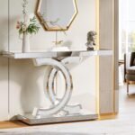 Mirrored Console Table, Modern Silver Entryway Table with Sparkling Crystal Inlays, 39-inch Glass Sofa Table