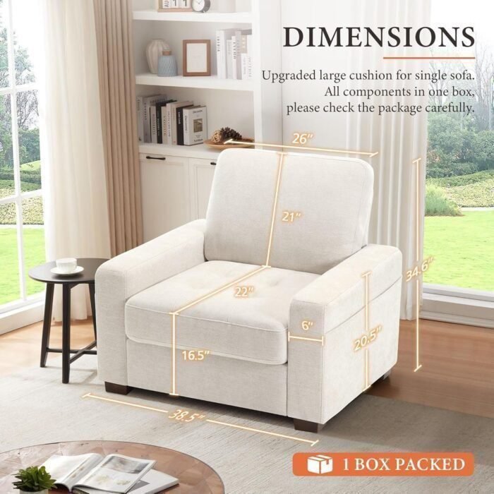 39 Inch Sofa Single with Side Pocket, Comfy Modern 1-Seat Sofa for Living Room & Bedroom