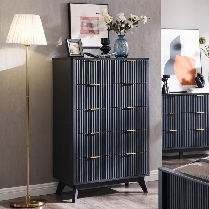 Fluted 5 Drawers Dresser, 48" Tall Modern Chest of Drawers with Faux Marble Top, Curved Profile Design