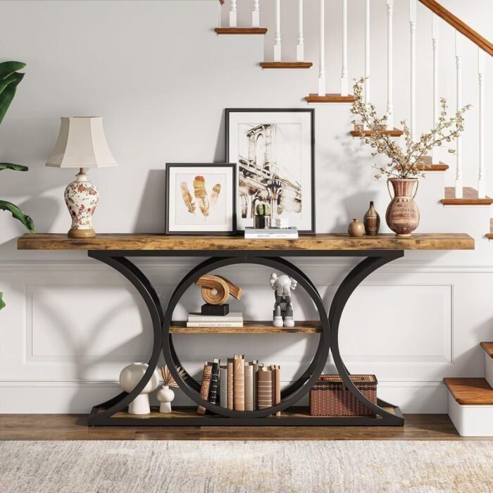 Extra Long Entry Console Table, Rustic Industrial Sofa Table Behind Couch, 3 Tier Storage Shelves