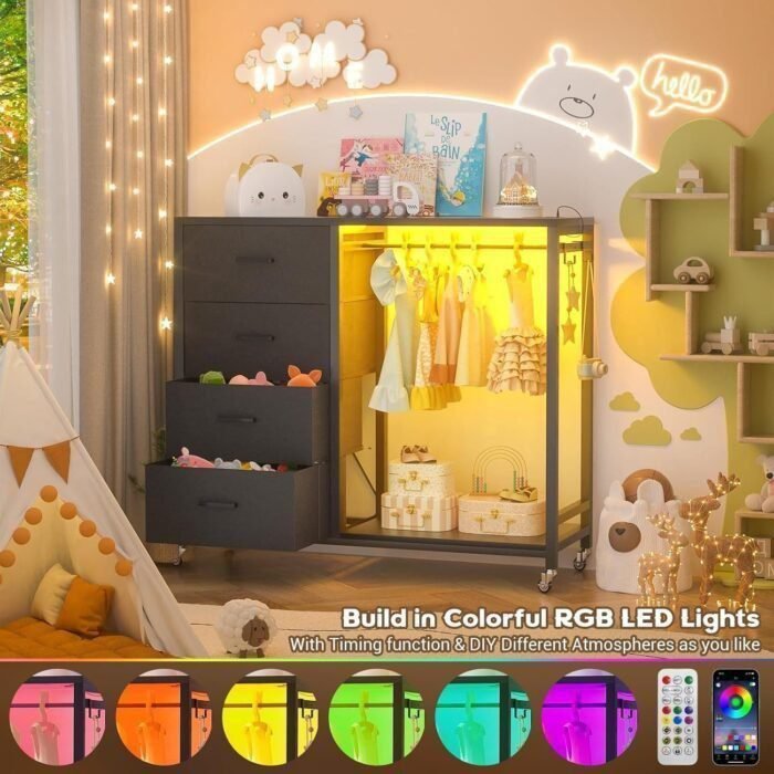 Dresser for Bedroom with Clothes Rack, 4 Drawers Dresser with Charging Station LED Lights