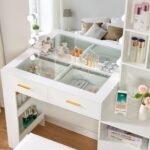 White Vanity Desk with Mirror and Lights,Vanity with Glass Top,Makeup Vanity Set Makeup Desk Dressing Table