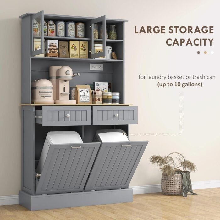 68" Kitchen Pantry Storage Cabinet with Charging Station, 2 Tilt Out 10 Gallon Trash Can Cabinets and Drawers