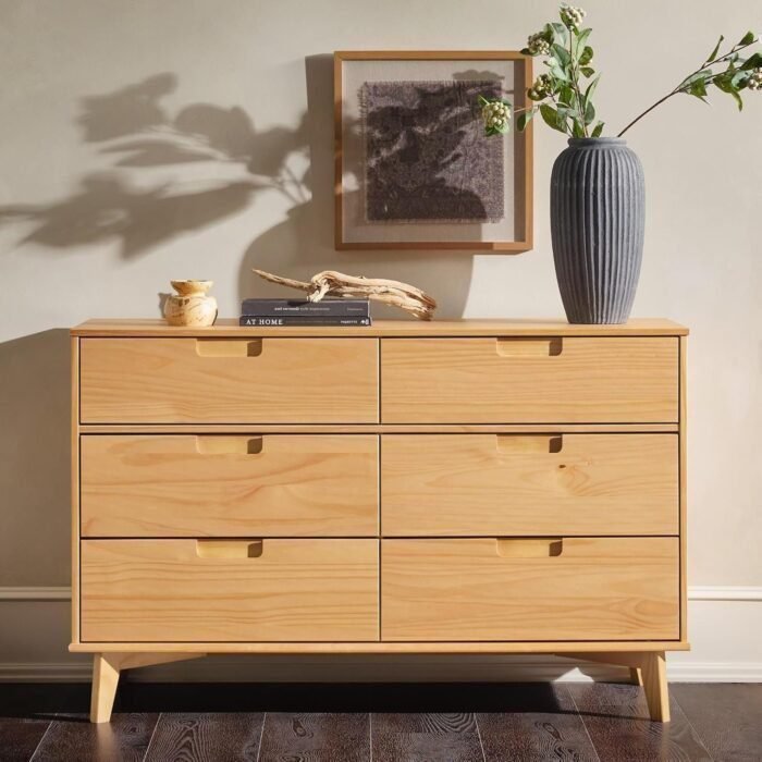 Mid-Century Modern Grooved Handle Wood 6-Drawer Dresser, 52 Inch, Natural Pine