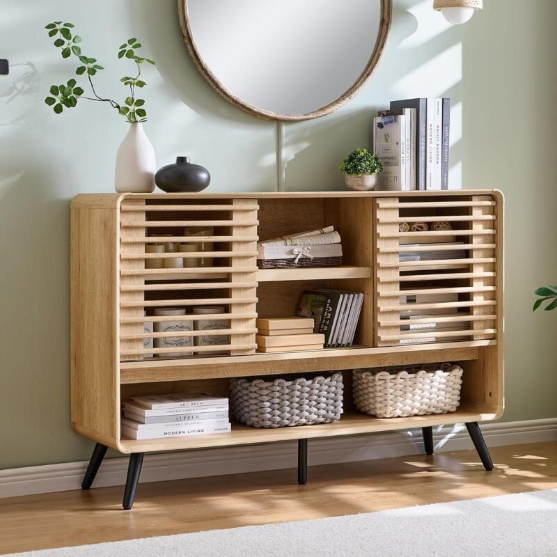 Entryway Table with Slatted Sliding Door, Mid Century Modern Console Table w/Adjustable Storage Shelf