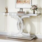 Mirrored Console Table, Modern Silver Entryway Table with Sparkling Crystal Inlays, 39-inch Glass Sofa Table