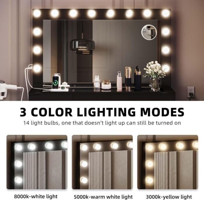 Makeup Vanity Set with Lighted Mirror, Power Outlet and 14 Lights, Vanity Desk with 9 Drawers, 3 Color Modes Available for Bedroom