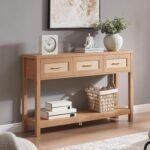 Console Table with Rattan 3 Drawers, Boho Entryway Table with Storage Shelf, Narrow Wood Sofa Table