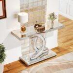 Mirrored Console Table, Modern Silver Entryway Table with Sparkling Crystal Inlays, 39-inch Glass Sofa Table